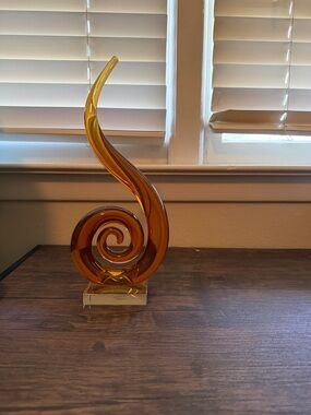Murano Amber Art Glass Sculpture Spiral Swirl Mid Century Modern Decor